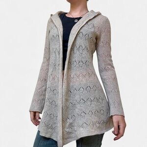 Cynthia rowlney cream cashmere pointelle hooded cardigan